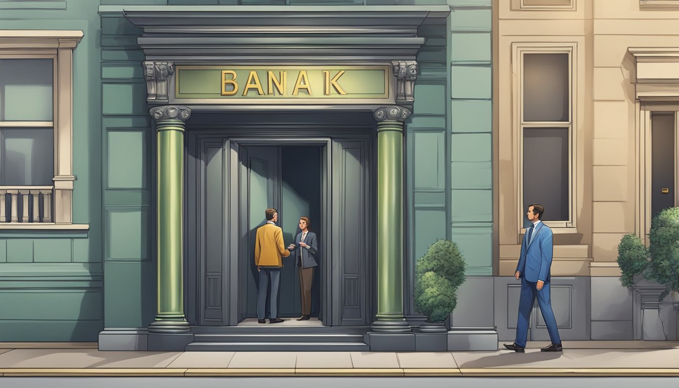 A bank stands tall with a secure vault, while a money lender operates from a small office with high interest rates