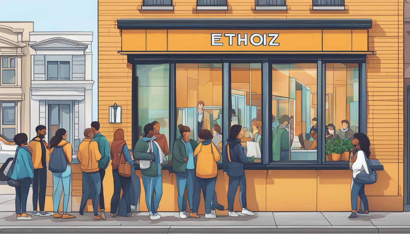 Ethoz Capital's logo prominently displayed on a storefront window, with a queue of diverse customers waiting outside
