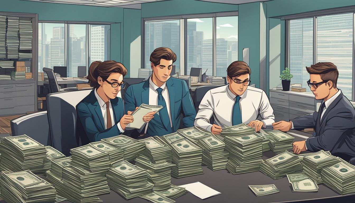 Fast money lenders sit in a sleek office, surrounded by stacks of cash and financial documents. They exude confidence and power as they make quick decisions