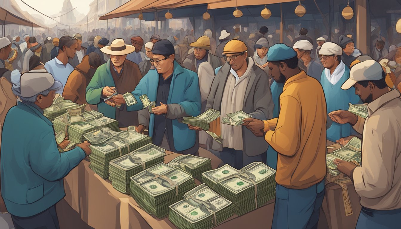 A group of people exchanging money in a bustling marketplace. Various currencies and denominations are being traded among the global money lenders