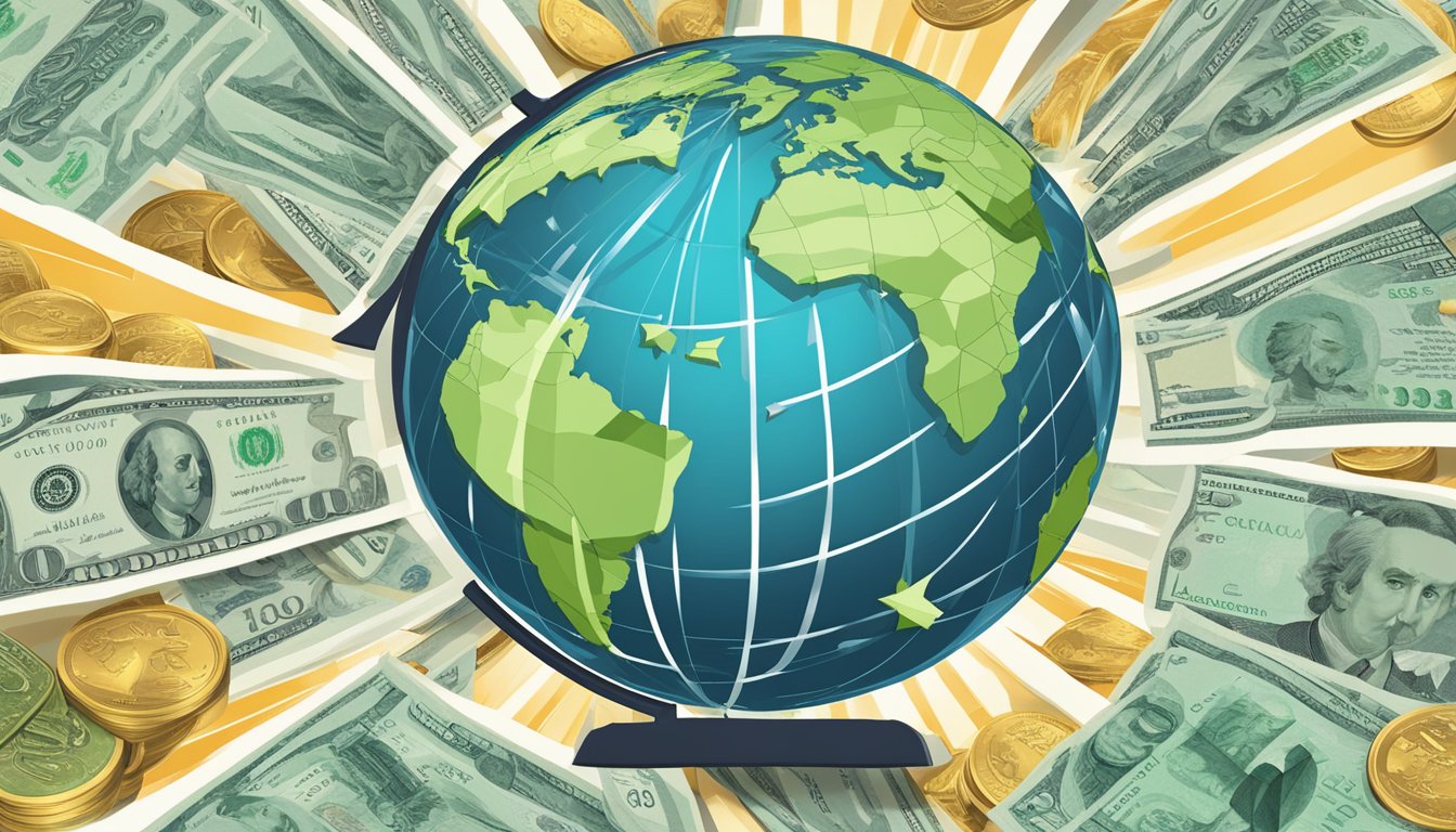 A globe surrounded by various currency symbols, with arrows representing global money flow