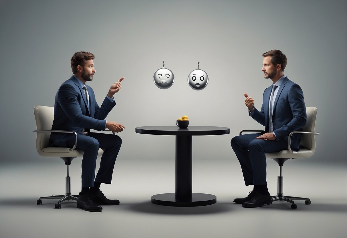A person presenting facts (negotiation) vs. a person appealing to emotions (persuasion). Two sides of a scale, one with logical symbols, the other with emotive symbols
