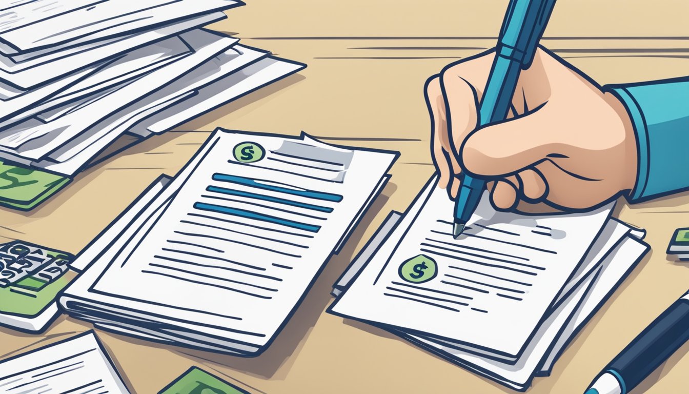 A stack of paperwork labeled "GS Credit Licensing Process" with a money lender logo. A person signing a contract with a pen