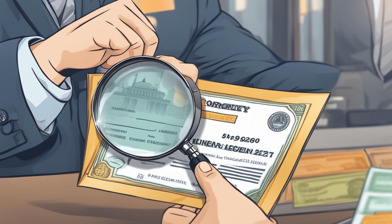 A person holding a magnifying glass inspecting a license certificate with the words "Money Lender License" prominently displayed