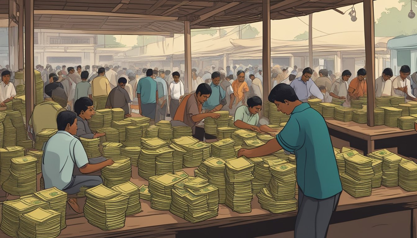 Indian money lenders sit behind wooden desks in a bustling early Singapore market. Customers haggle over loan terms while the lenders count stacks of coins and bills