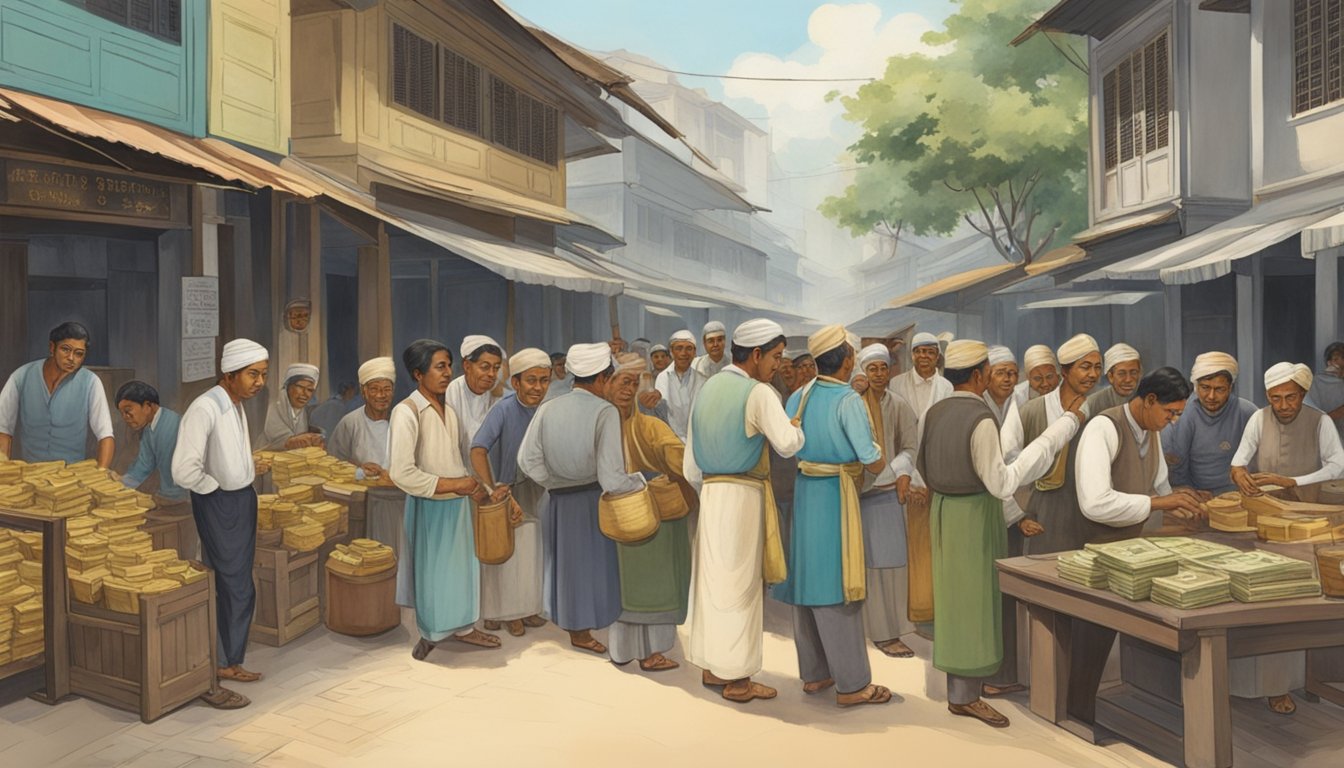A bustling street in early Singapore, with Indian money lenders sitting behind wooden desks, exchanging money and documents with local merchants