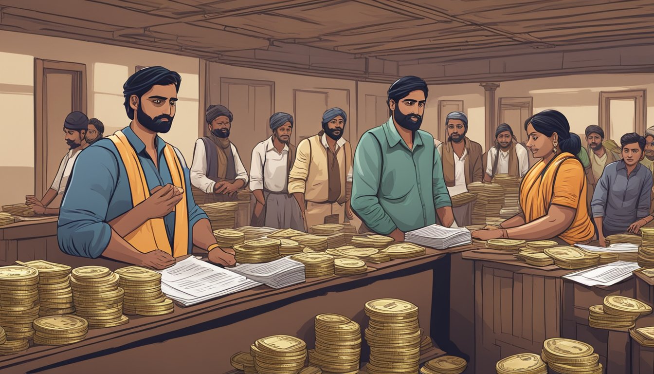 Indian money lenders sit behind wooden desks, surrounded by stacks of coins and paper documents. Customers line up, holding out their loan requests and seeking answers to their questions