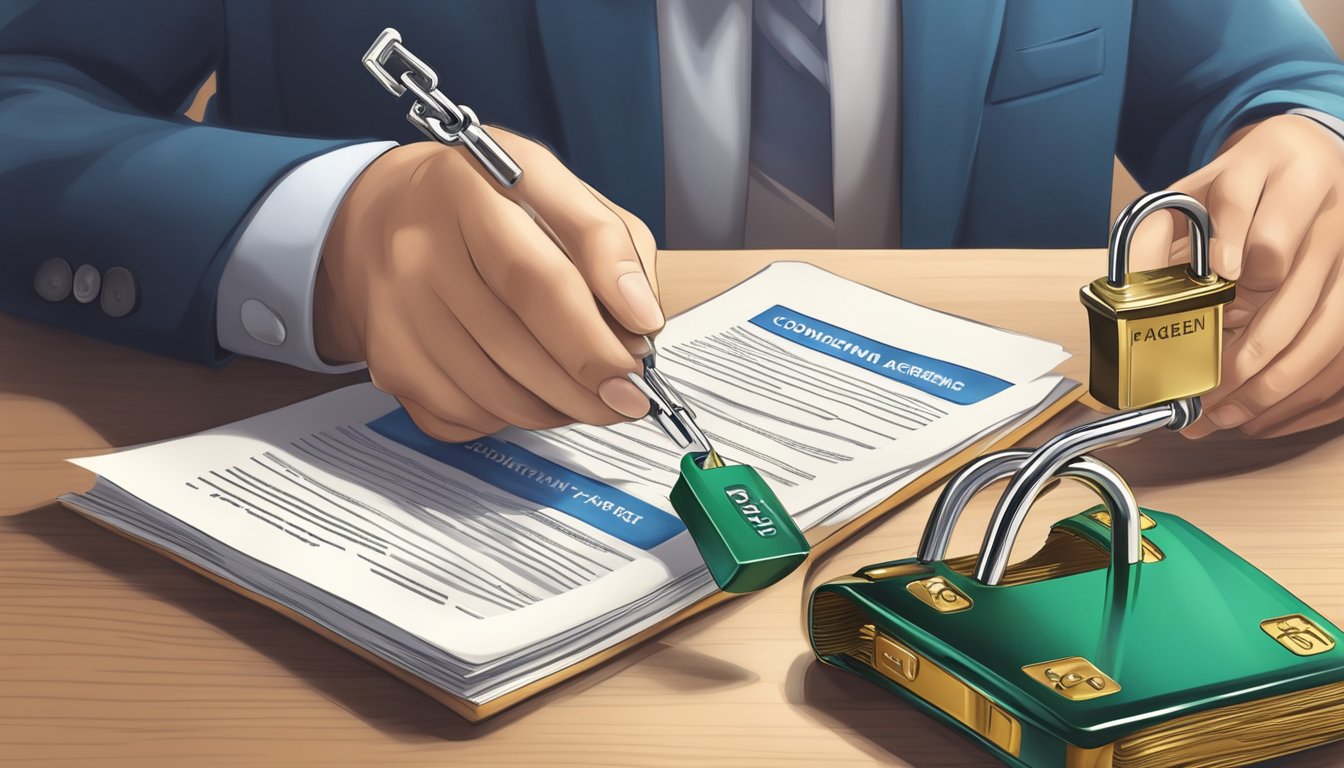 A person carefully reads the terms and conditions of a loan agreement while a padlock symbolizes the safety and security of borrowing from a licensed money lender