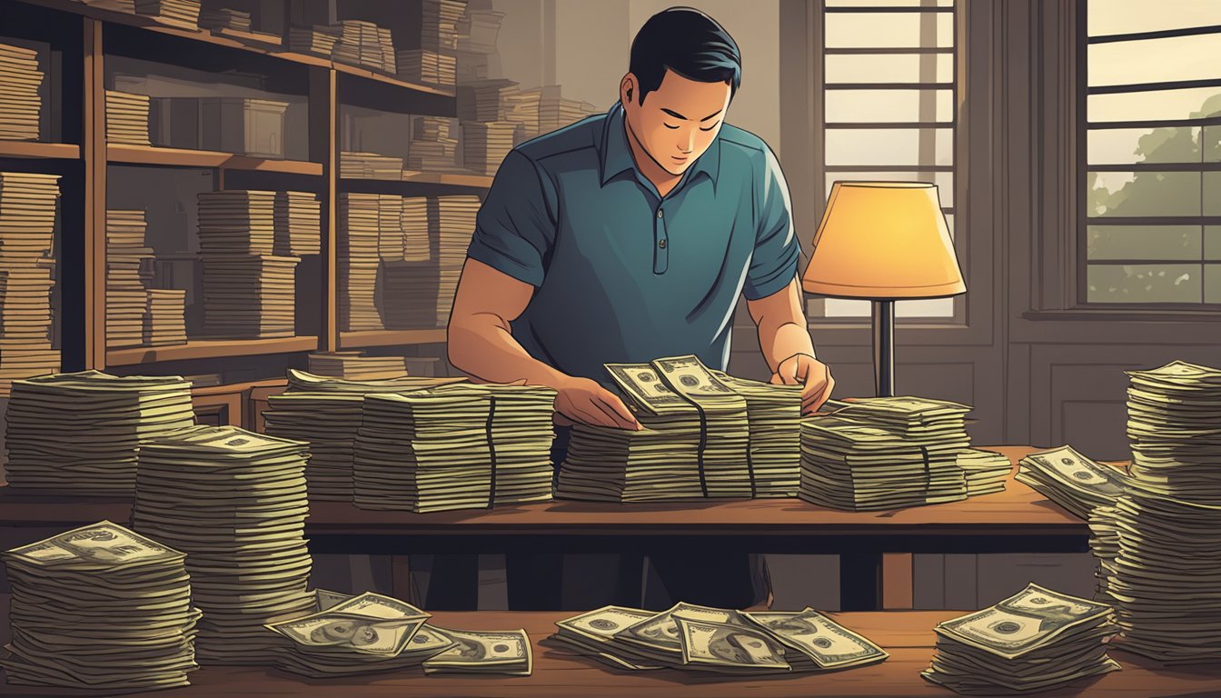 A kovan money lender counting out stacks of bills on a wooden table in a dimly lit room