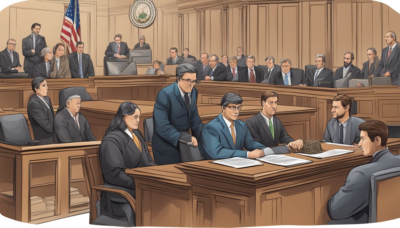 A courtroom scene with a judge, lawyers, and accused individuals. Signs with "Illegal Moneylending" laws in the background
