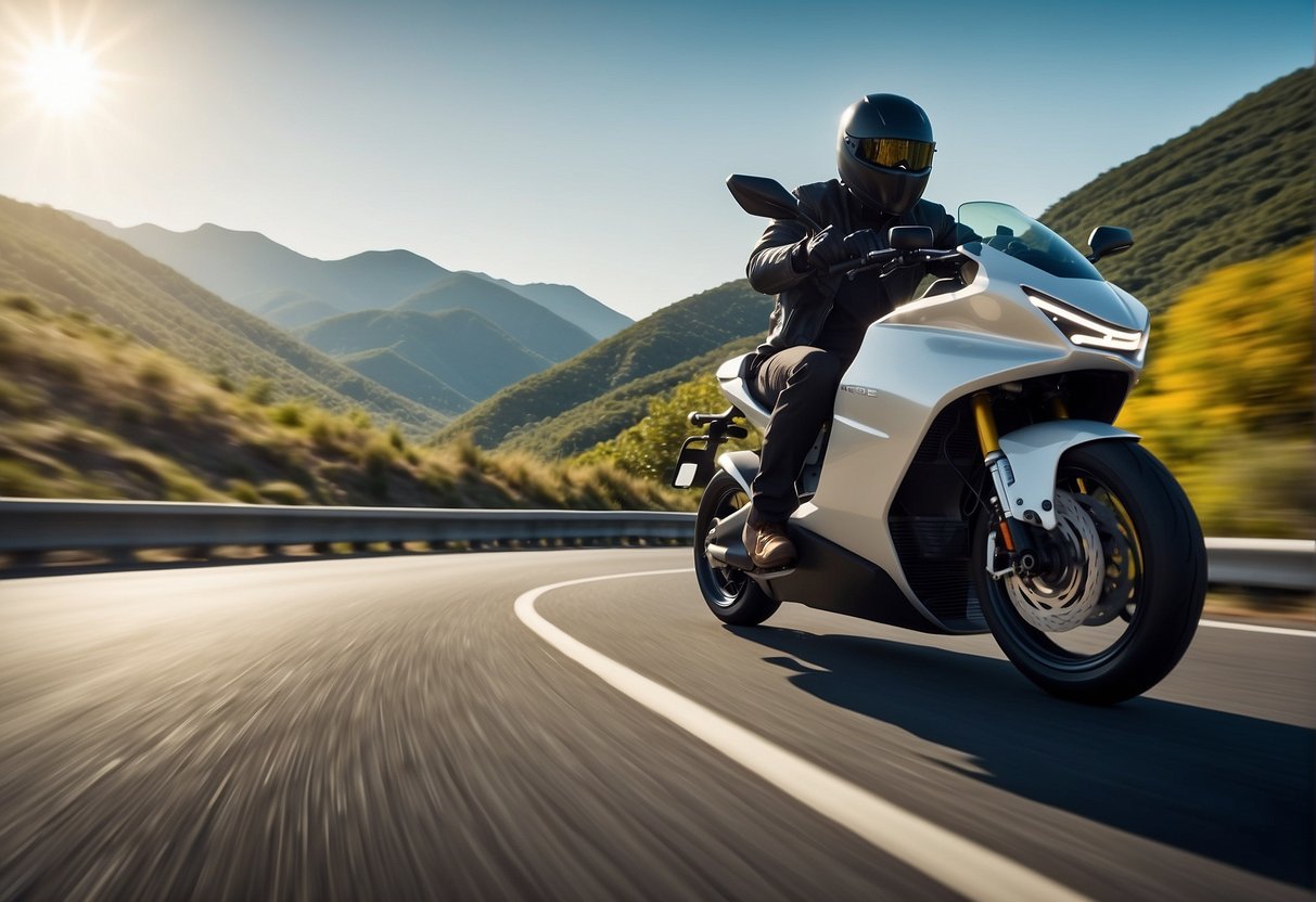 A sleek electric motorcycle speeds across a winding road, showcasing its impressive performance and range. The bike's cutting-edge design and powerful presence are highlighted against a backdrop of scenic landscapes