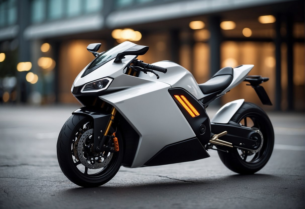 A sleek electric motorcycle with modern design and style, featuring clean lines and bold colors, stands against a futuristic city backdrop