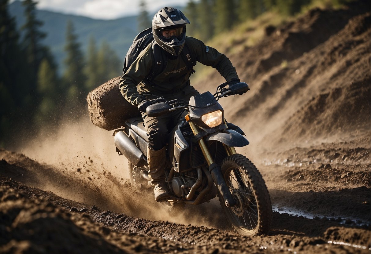 A rugged dual sport motorcycle powers through a muddy trail, kicking up dirt and debris as it conquers the rough terrain