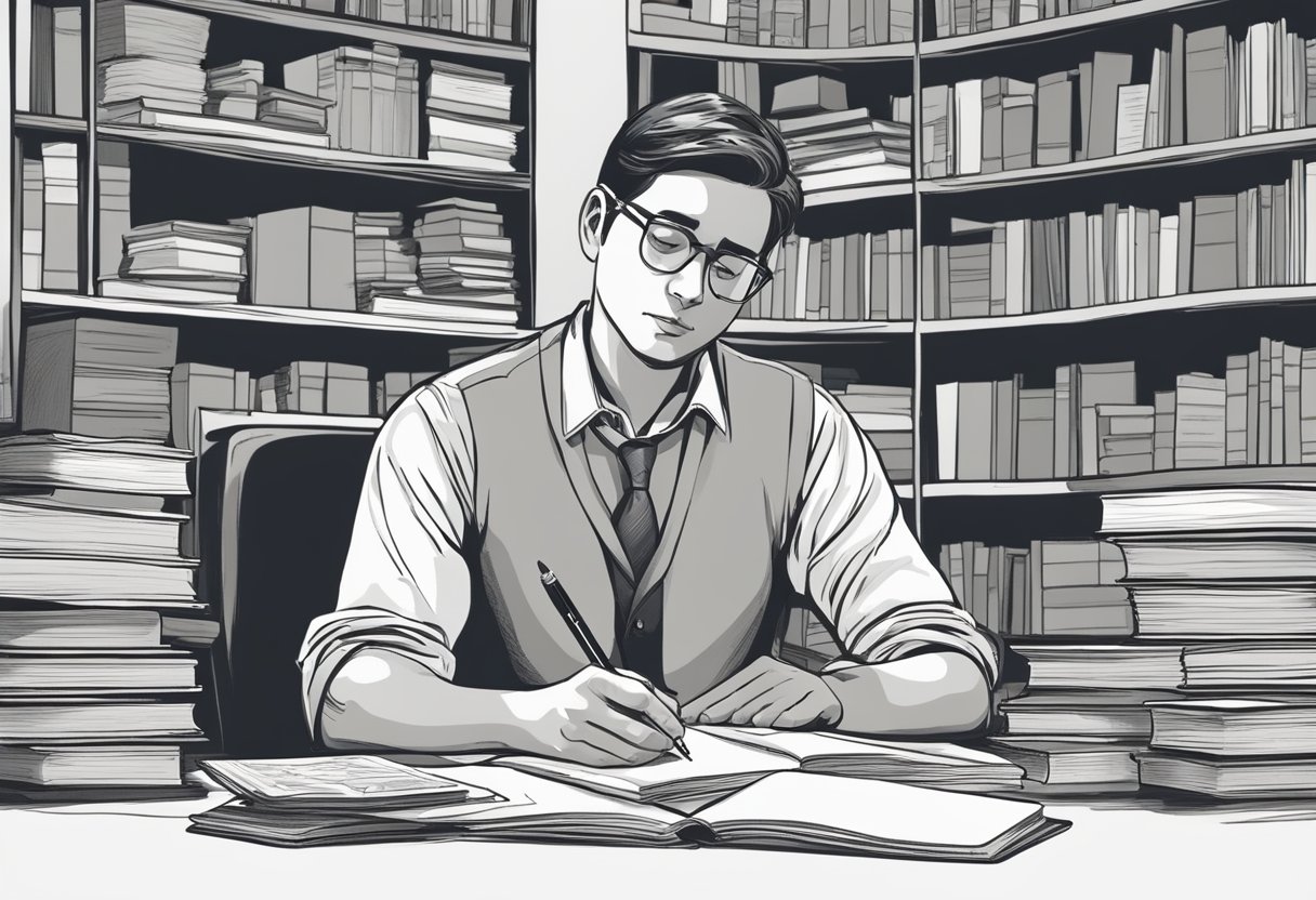 A person sitting at a desk with a pen and paper, deep in thought, surrounded by books and notes, reflecting on their thoughts and beliefs