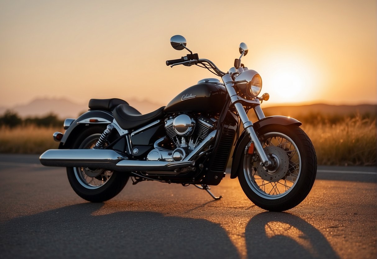 A sleek cruiser motorcycle parked on an open road, with the sun setting in the background, creating a warm and inviting atmosphere