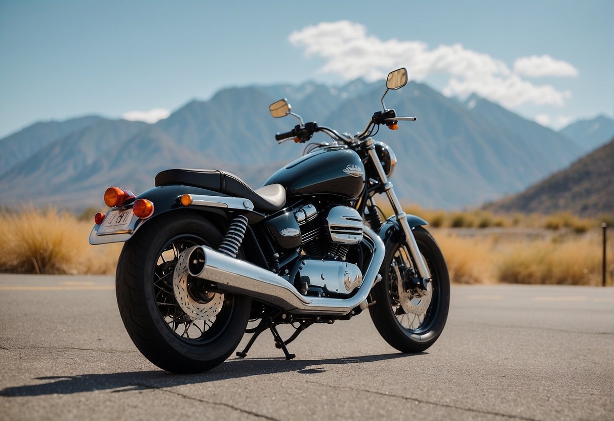 A sleek cruiser motorcycle parked in front of a scenic backdrop, with a clear blue sky and mountains in the distance