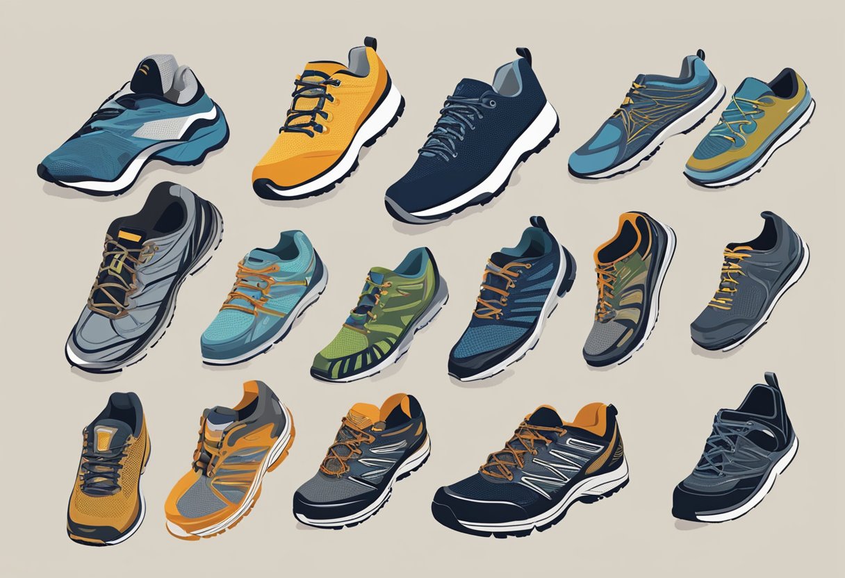 A variety of shoes are laid out, each designed for specific activities like running or hiking. Different features and designs are highlighted to showcase the importance of selecting the right shoe for each activity