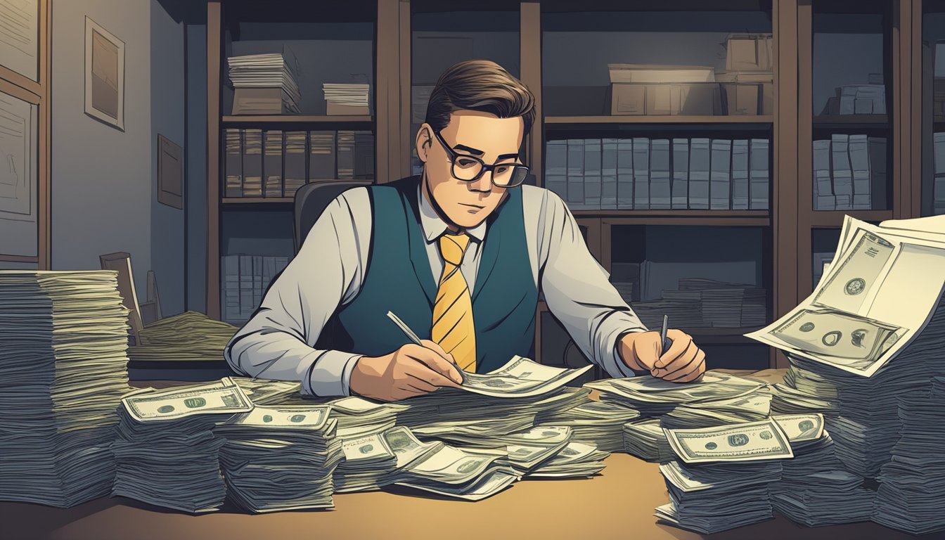 A money lender sits behind a desk, counting cash and reviewing loan applications from unemployed individuals. The room is dimly lit, with stacks of papers and files scattered around