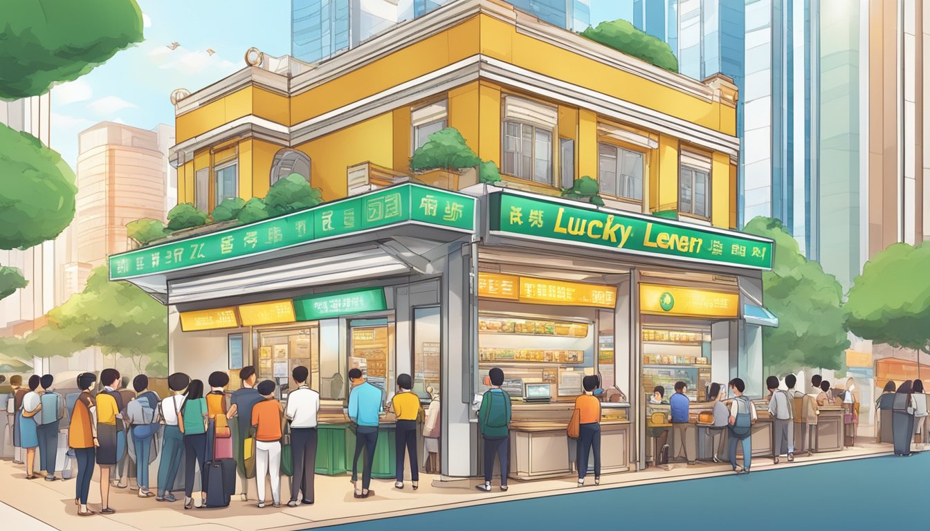 A bustling money lender's booth in Lucky Plaza, with colorful signage and a line of customers waiting to exchange currency or take out loans