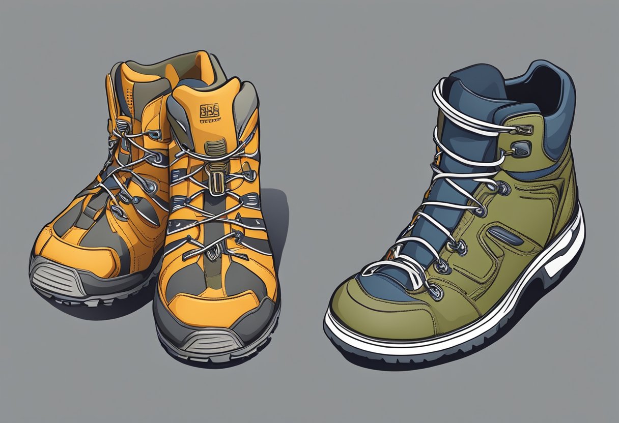 A pair of running shoes and hiking boots side by side, with emphasis on their sturdy construction and high-quality materials