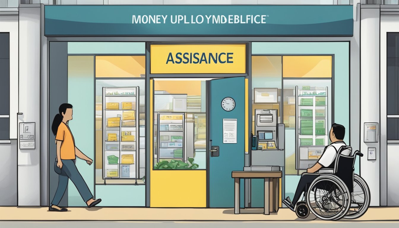 A person in a wheelchair approaches a money lending office in Singapore. A sign on the door states "Assistance for the Unemployed." The office is nondescript, with a simple desk and a few chairs for waiting