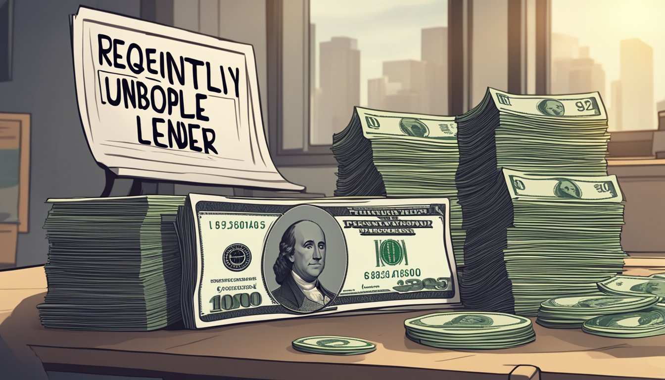 A stack of money sits on a desk, next to a sign reading "Frequently Asked Questions money lender for unemployed."