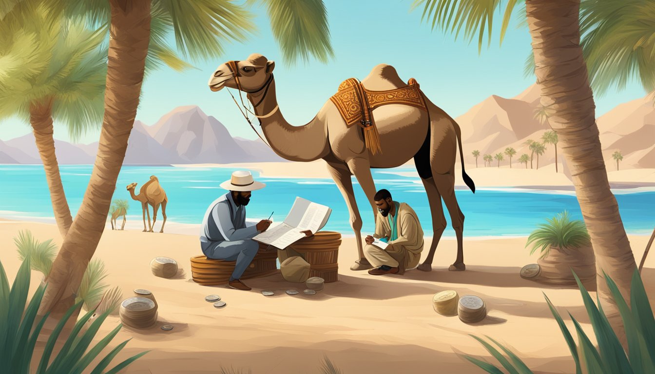 An oasis money lender sits under a palm tree, counting coins and writing in a ledger, as camels rest nearby