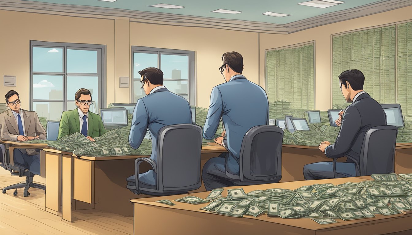 A row of money lenders sit behind desks, counting bills and offering loans to customers. The room is filled with the sound of rustling money and the clicking of calculators
