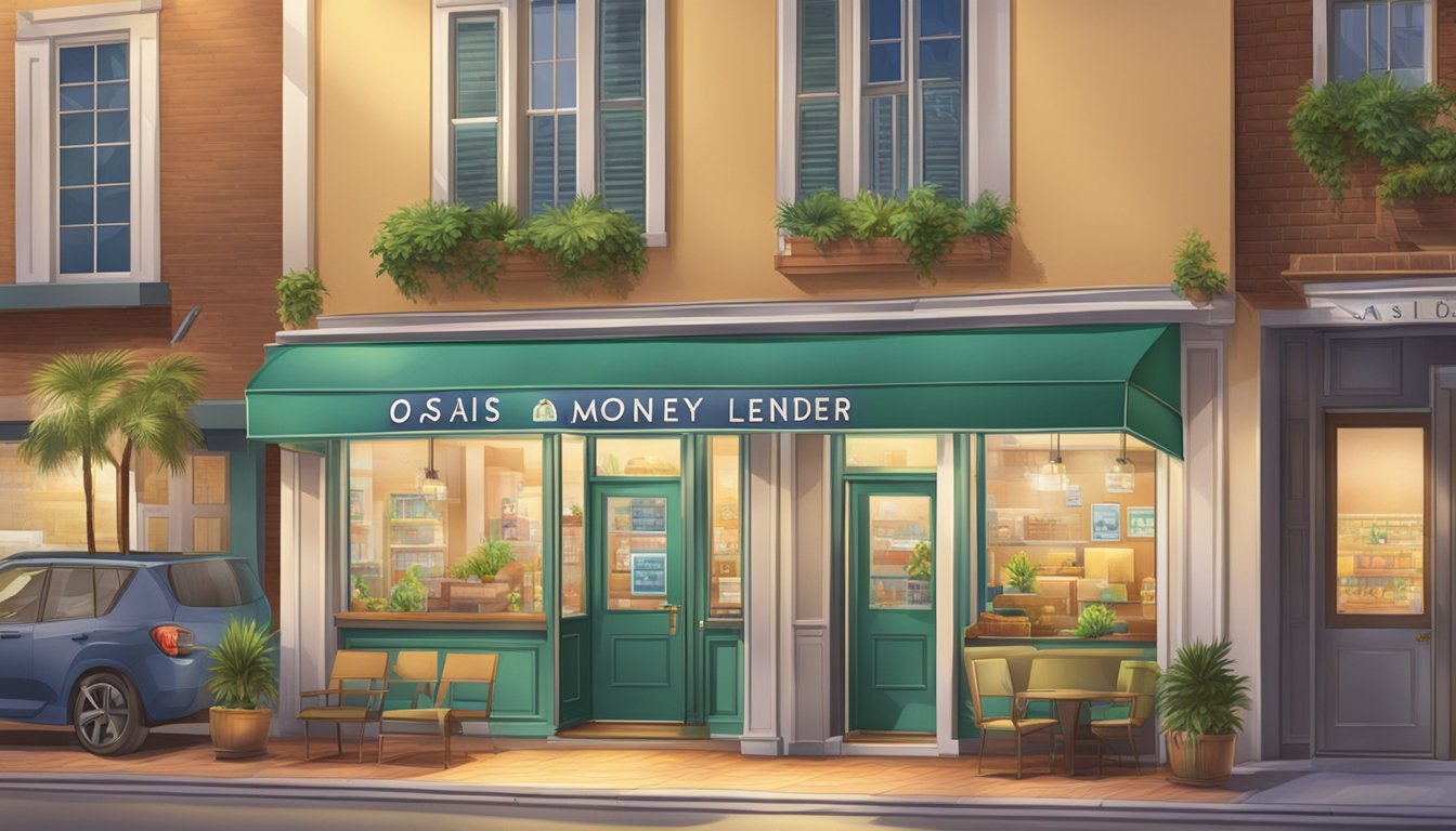 An inviting storefront with a prominent sign reading "Oasis Money Lender." A well-lit interior with comfortable seating and a friendly staff assisting customers