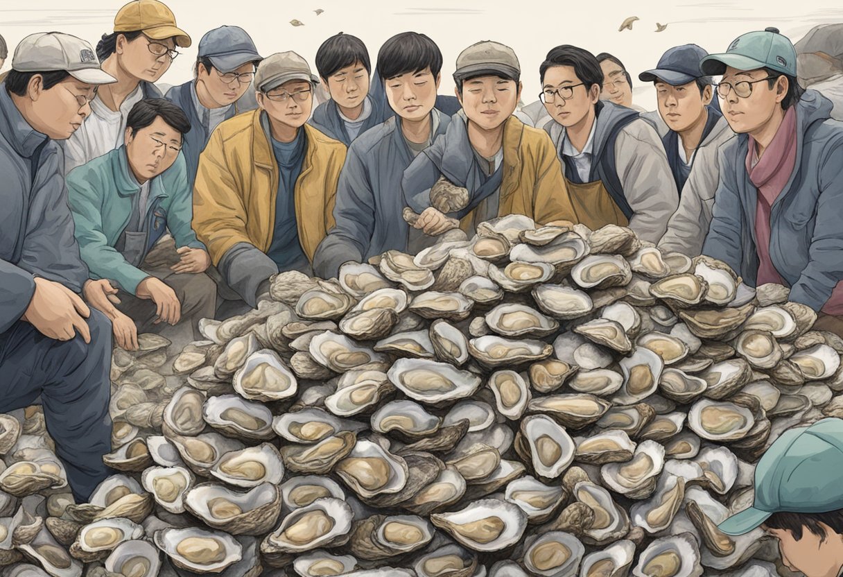 A pile of Japanese oysters surrounded by curious onlookers