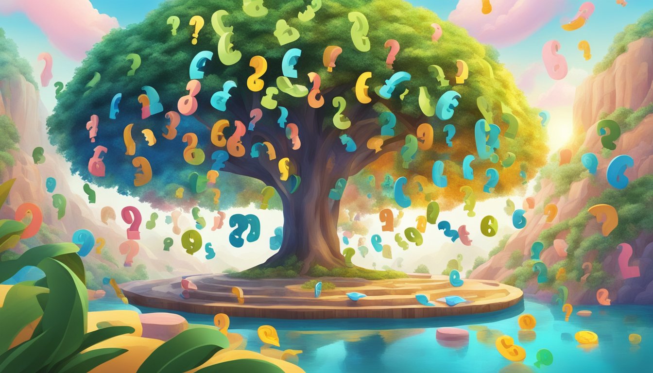 A colorful oasis with a money tree surrounded by floating question marks