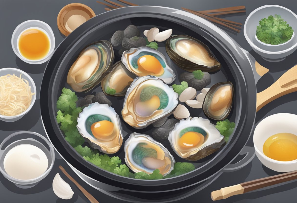 A pot of boiling water with fresh Korean abalone being added, surrounded by various cooking ingredients and utensils