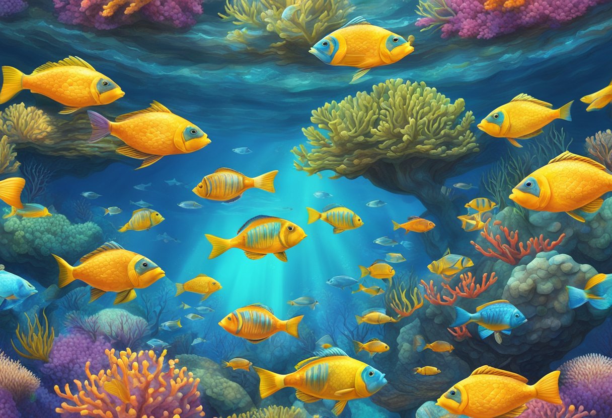 A school of colorful fish swims gracefully among the coral reef, their scales shimmering in the sunlight as they dart in and out of the intricate formations
