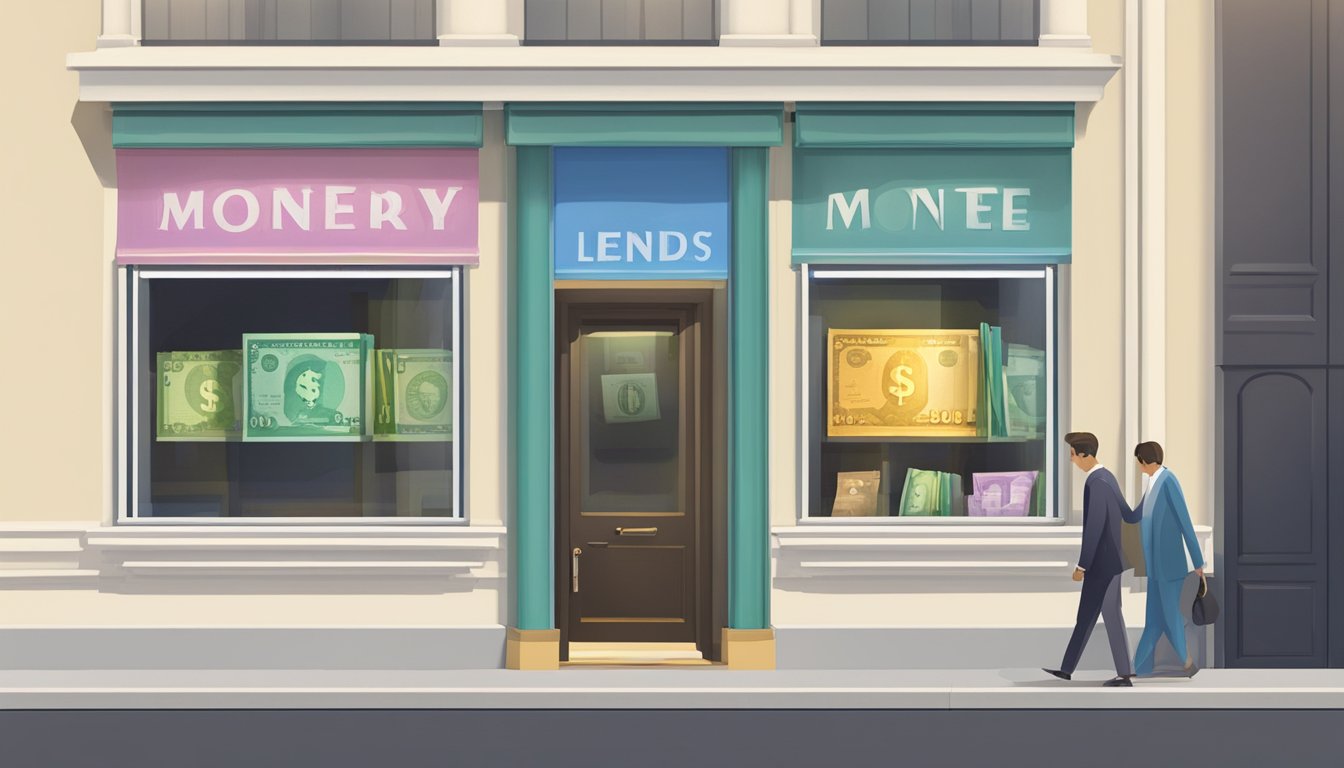 Peninsula Plaza money lender: A small office with a glass window displaying currency exchange rates. A sign above the entrance reads "Money Lender."