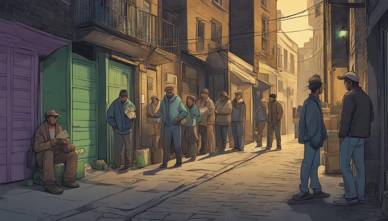 A shady figure exchanges cash in a dimly lit alleyway, surrounded by anxious borrowers