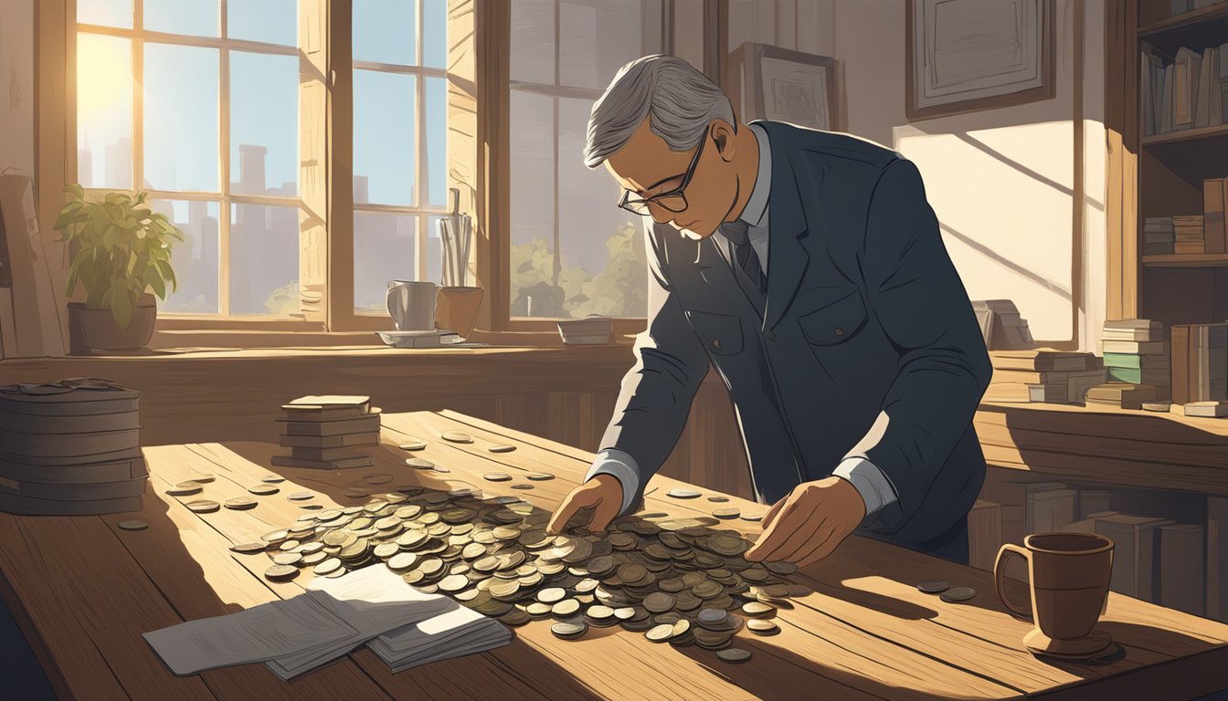 A sincere money lender counting coins at a cluttered desk. Sunshine streams through a dusty window, casting long shadows on the worn wooden floor