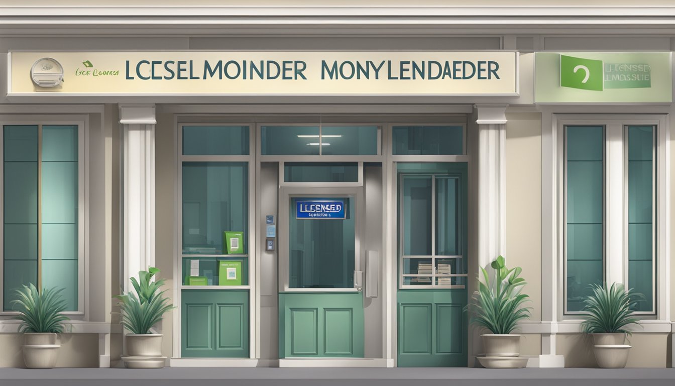A signboard outside a clean and professional office with the words "Licensed Moneylender" in bold letters
