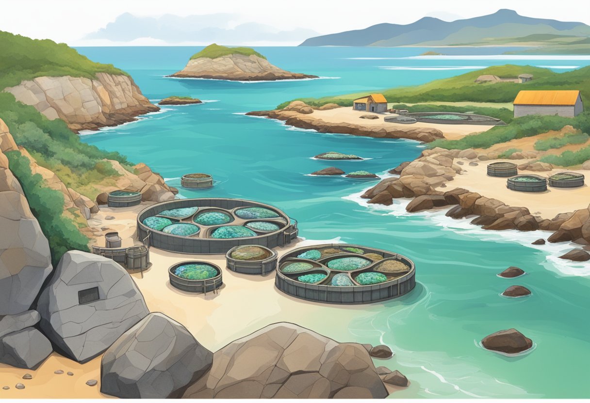 A coastal landscape with abalone farming tanks alongside natural rock formations, showcasing the coexistence of conservation and industry in South Africa