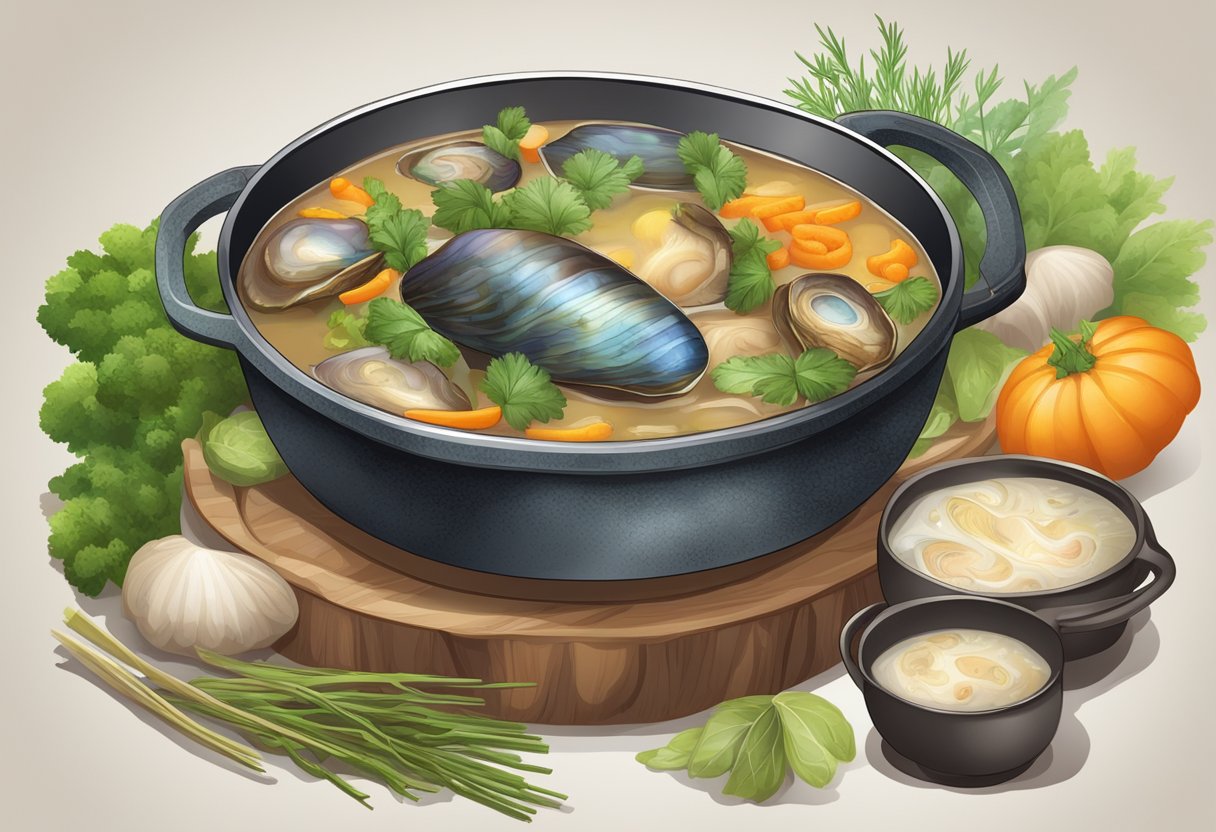 A pot of simmering abalone in savory broth, surrounded by aromatic herbs and vegetables