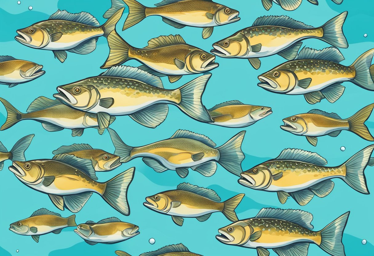 A school of cod fish swimming together in the clear blue ocean, surrounded by seaweed and colorful coral reefs