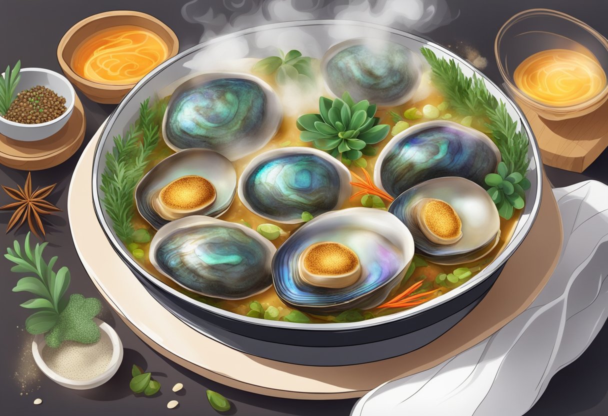 A succulent abalone sizzling in a fragrant broth, surrounded by vibrant herbs and spices, with steam rising from the dish