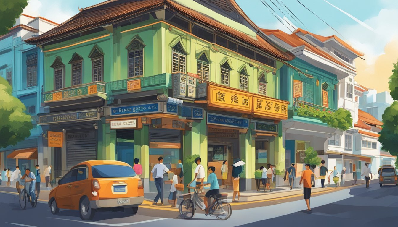 A bustling street corner with a traditional shophouse adorned with a sign reading "Tanjong Pagar Money Lender." Pedestrians and vehicles pass by, while the vibrant colors and architectural details of the building stand out