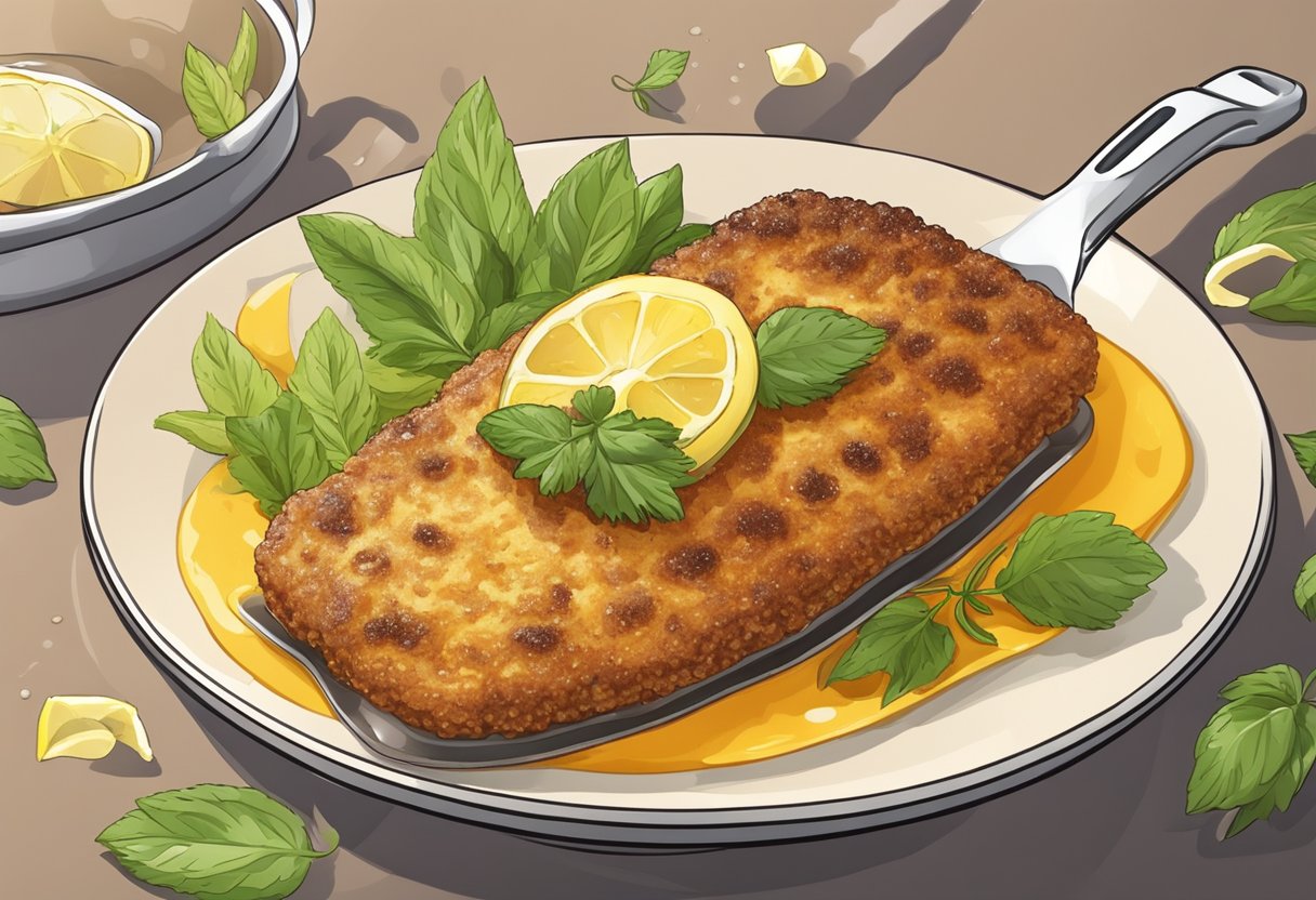 A golden-brown fish cake sizzling in a hot pan, emitting a savory aroma. On a plate, garnished with fresh herbs and a slice of lemon