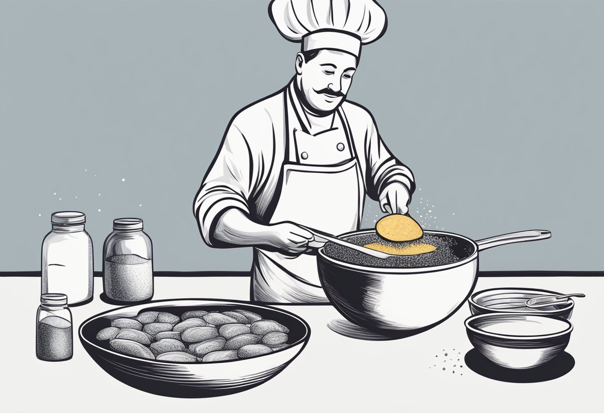 A chef mixes fish, seasoning, and flour in a bowl. They shape the mixture into round patties and fry them in a pan until golden brown