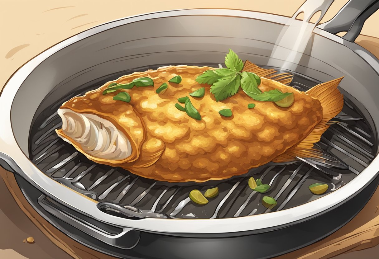 A golden-brown fish cake sizzling in a hot pan, emitting a mouth-watering aroma. A fork hovers nearby, ready to take a bite