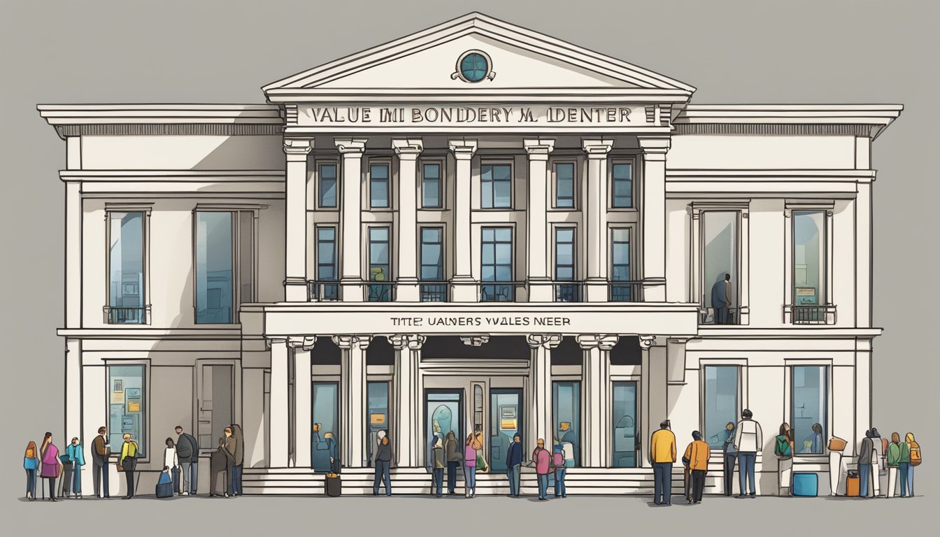 A grand building with "Value Max Money Lender" prominently displayed. A line of customers waits outside, while a busy teller serves a client inside