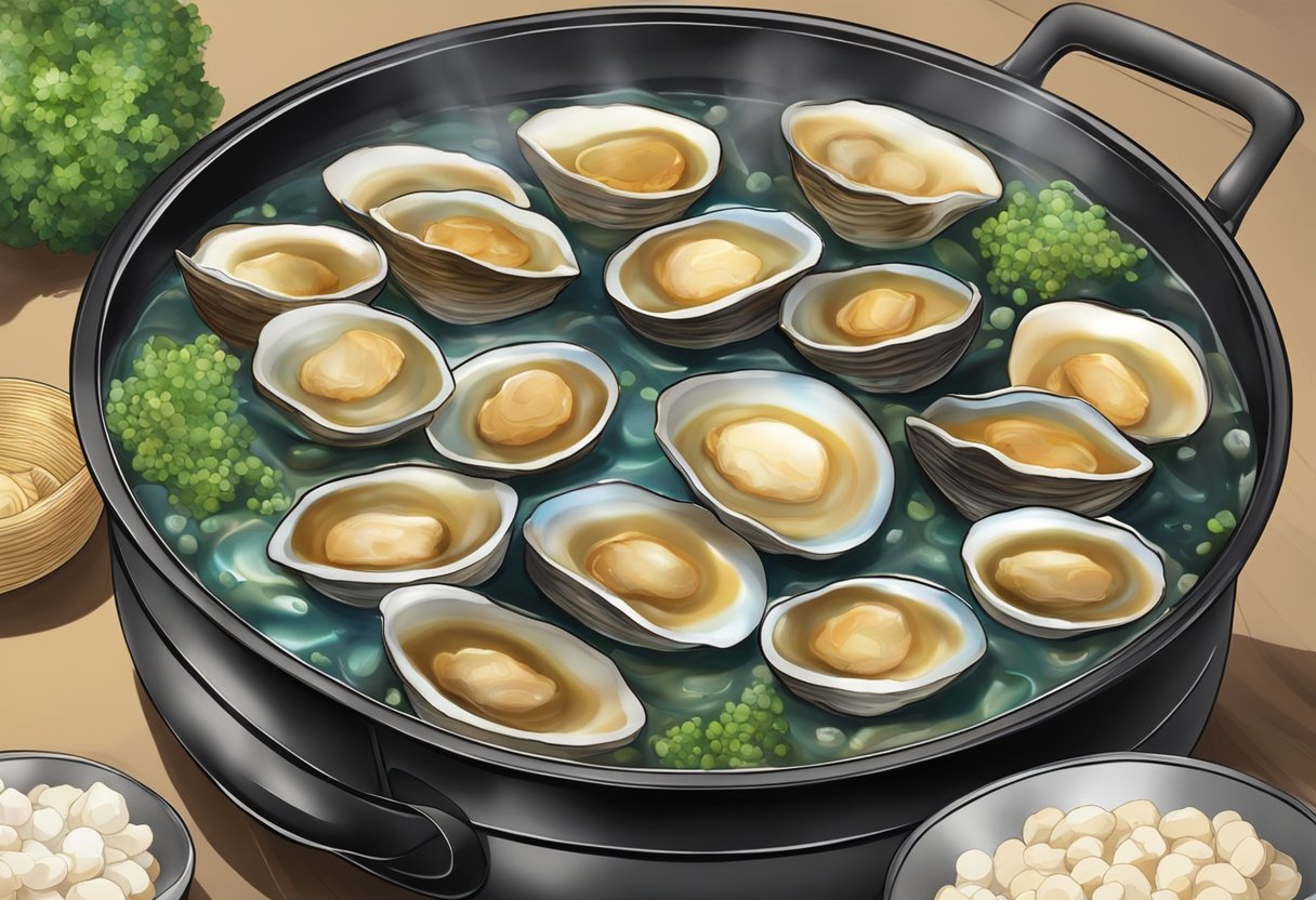 Abalone shells simmer in a pot with soy sauce, ginger, and garlic, releasing their rich, savory aroma