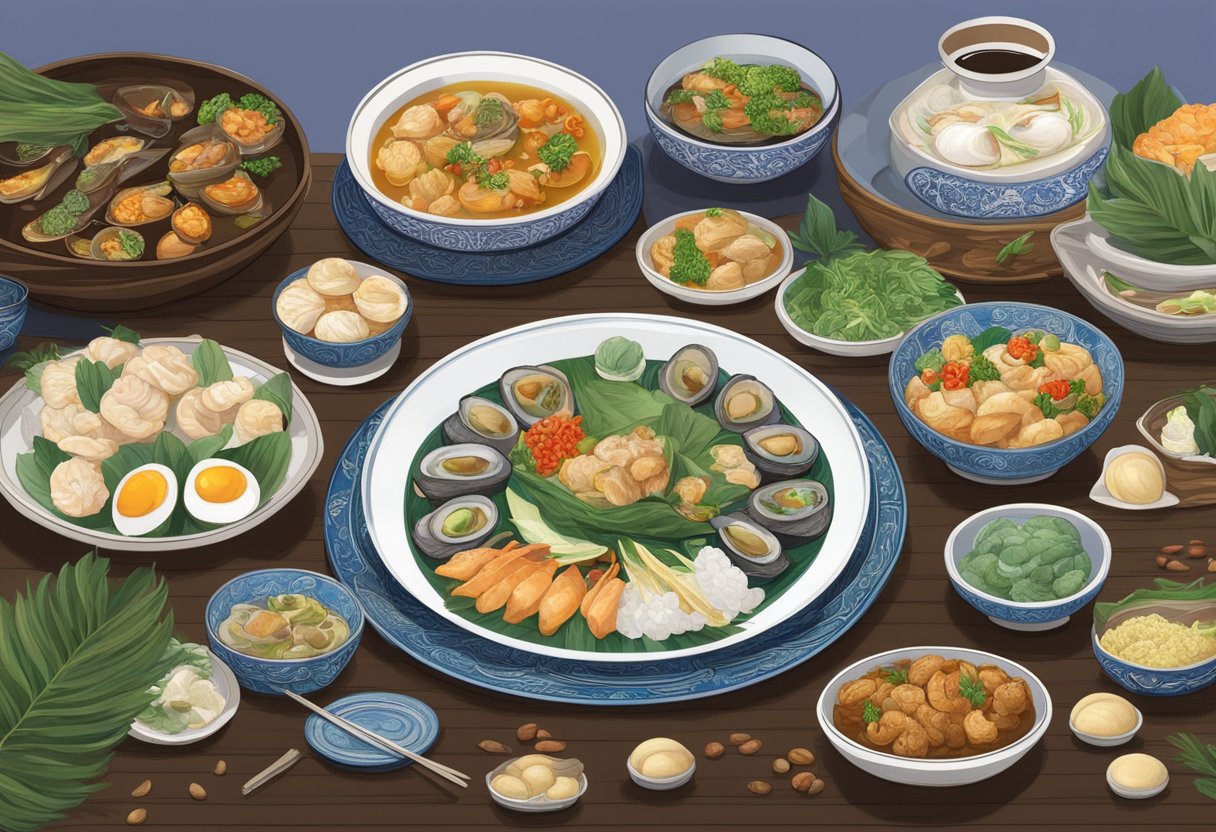 A table set with a variety of Singaporean dishes, featuring abalone as the centerpiece. Traditional decorations and symbols surround the table, reflecting the cultural significance of abalone in Singaporean cuisine