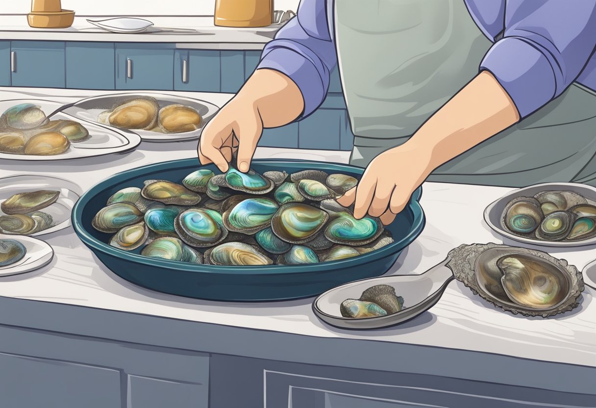 A hand carefully selects and cleans abalone shells in a kitchen, preparing them for cooking