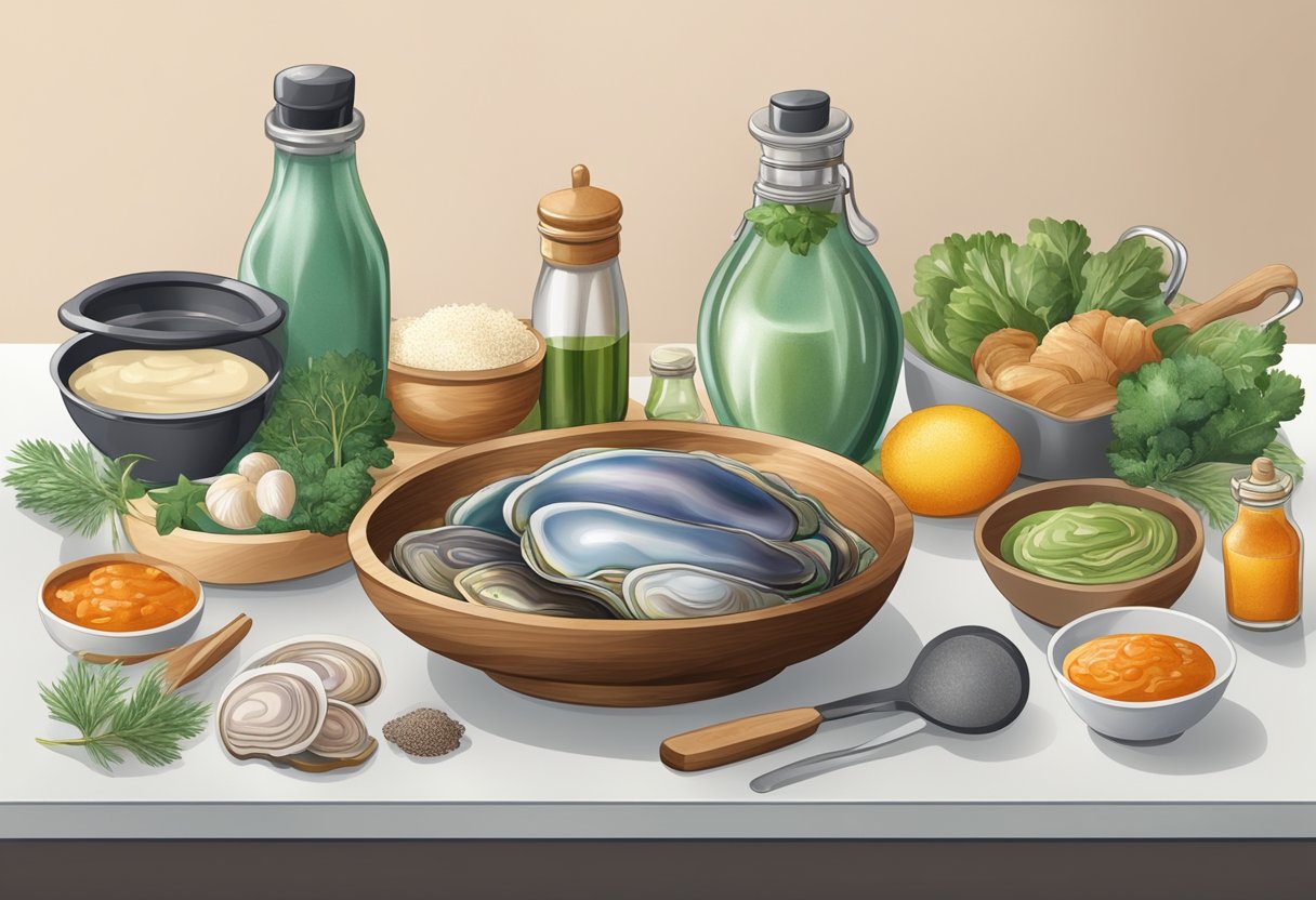 A bottle of abalone sauce surrounded by various ingredients and cooking utensils on a kitchen countertop